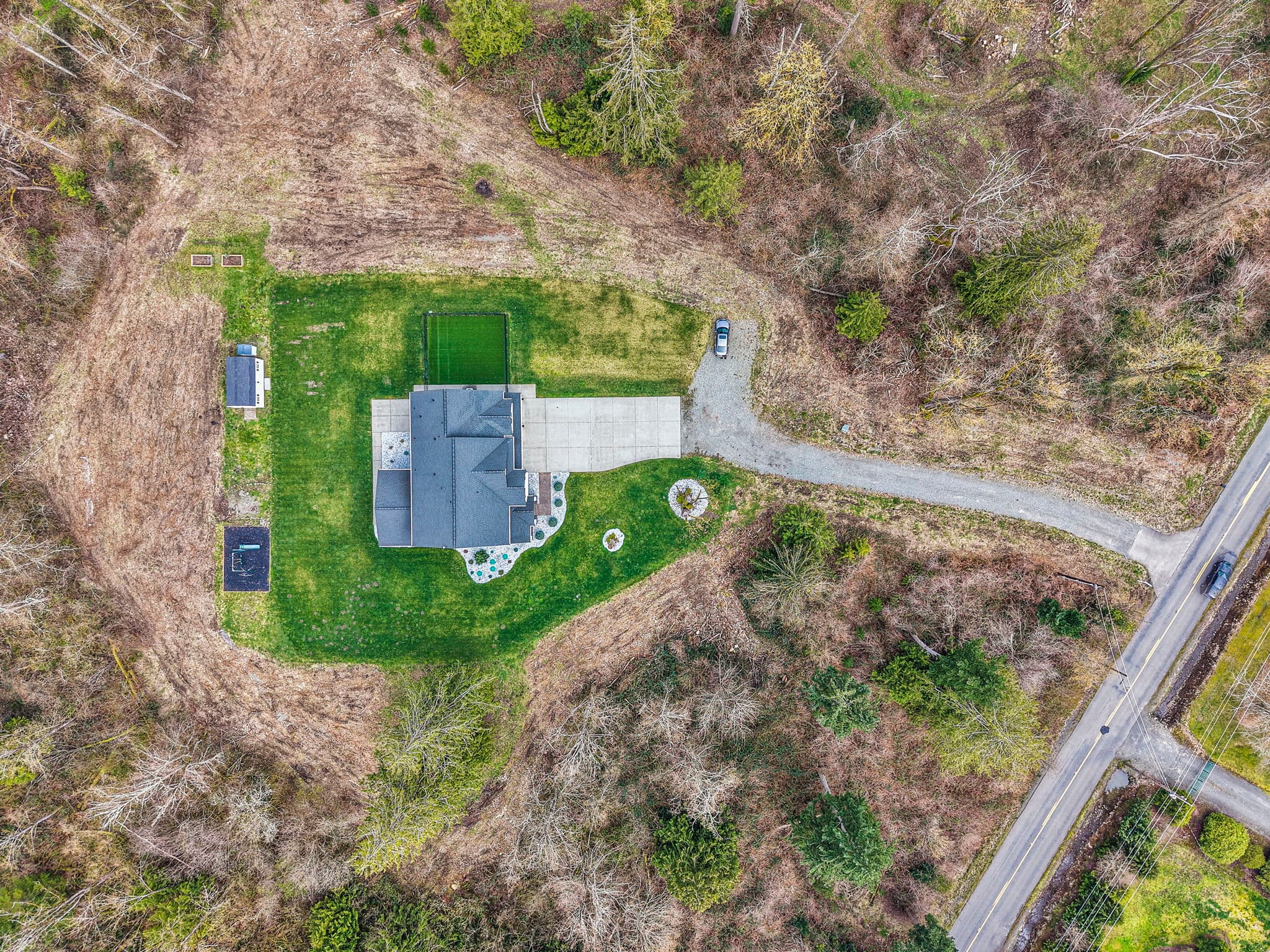 Aerial view of the private forest and homesite