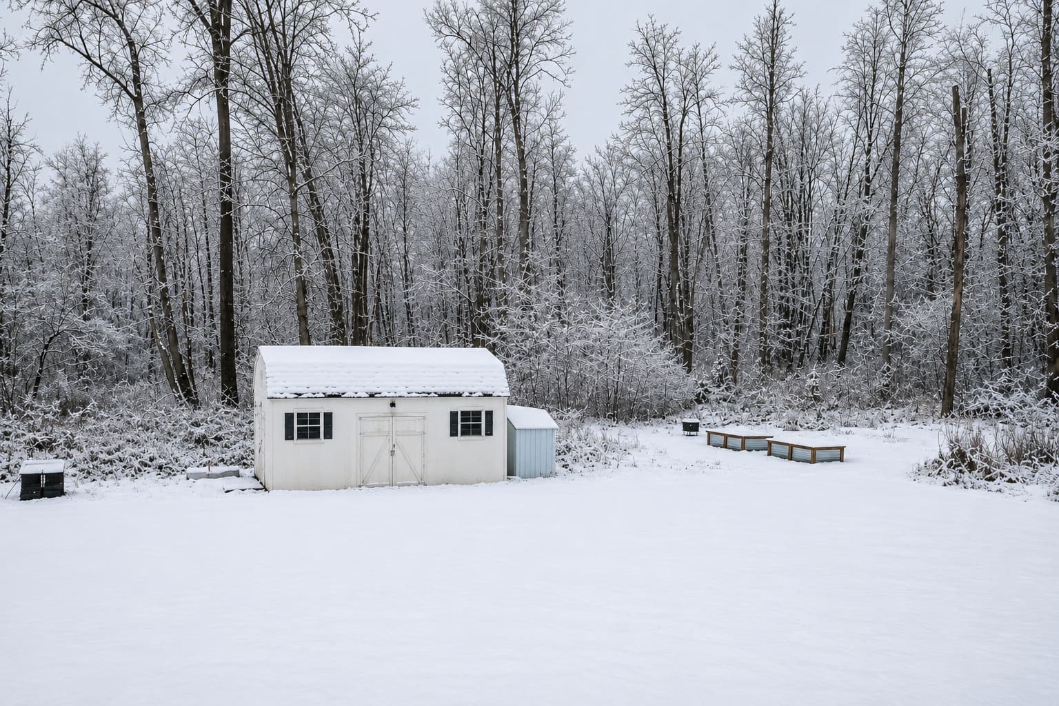 Snow-covered backyard, garden shed, and private forest
