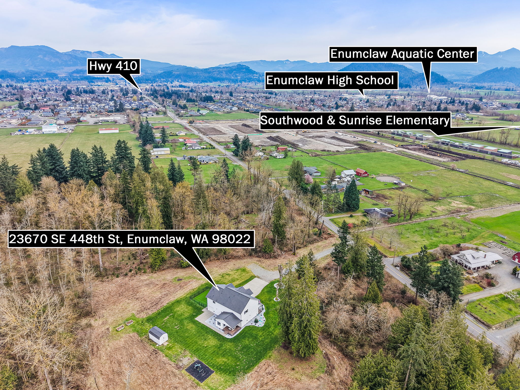 Aerial image labeling nearby schools and downtown Enumclaw